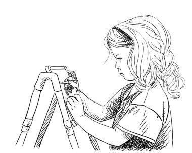 Küçük kız sehpaya dikkatlice çiziyor, vektör çizimi, el resmi beyaza izole edilmiş.