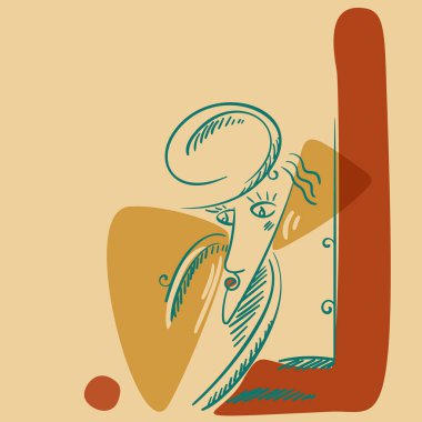 Gerçeküstü soyut yüz, moda şapkalı kadın portresi kolajı turuncu şekilli modern sanat vektörü illüstrasyonu.