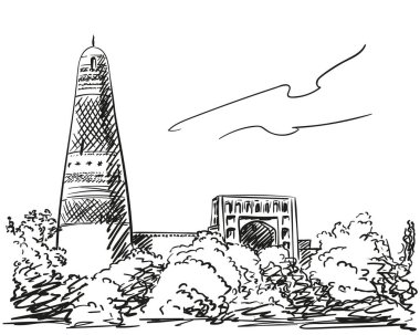 Fabruary 19, 2017: Emin Minaret (Sugongta) Turpan, Xinjiang, Çin, El çizilmiş vektör çizimi