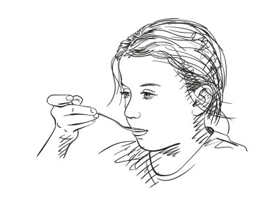 Düşünceli kız kaşıkla yemek yiyor, vektör çizimi çiziyor.