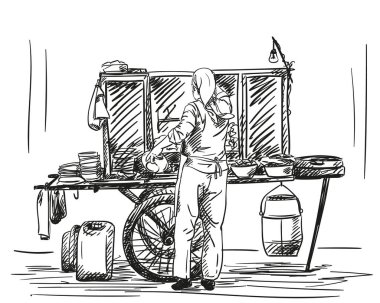 Kadın Asya sokak yemek vagonunda yemek hazırlıyor, Vector çizim yapıyor, çizim yapıyor.