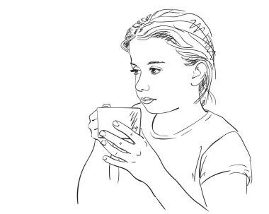 Bardaktan içen kız resmi, el çizimi çizimi.