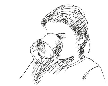 Bardaktan içen kız resmi, el çizimi çizimi.