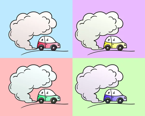 排気ガスのドドルセットを吹いている漫画車 小さな自動車から空気に煙雲 汚染の環境概念 手描きイラストポップアート ベクトル — ストックベクタ