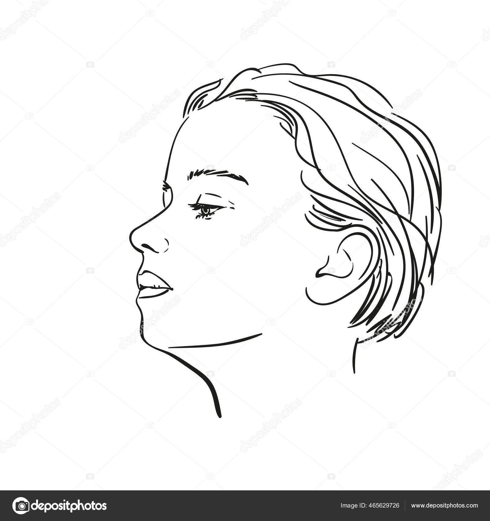 Retrato de meninas desenhadas à mão em esboço vetorial de perfil isolado na  arte de linha de fundo branco