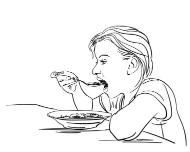 Kaşık kaşıkla yemek yiyen kız, vektör çizimi el çizimi.