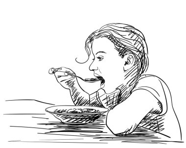 Kaşık kaşıkla yemek yiyen kız, vektör çizimi el çizimi.