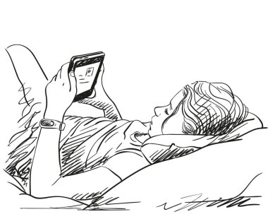 Akıllı telefonlu kız yatakta yatıyor, el çizimi resim, vektör çizimi.