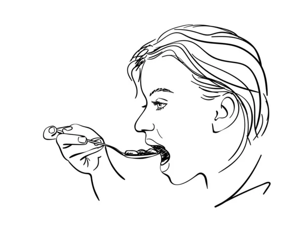 Menina Comendo Comida Com Colher Vector Esboço Ilustração Desenhada Mão —  Vetores de Stock