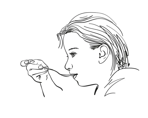 Girl Eating Food Spoon Vector Sketch Hand Drawn Illustration — Vector de stock