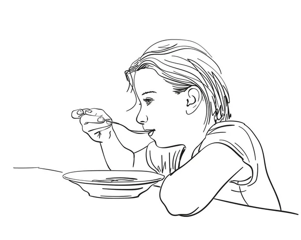 Girl Eating Food Spoon Plate Vector Sketch Hand Drawn Illustration — Archivo Imágenes Vectoriales