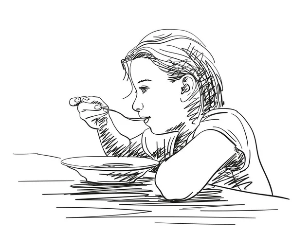 Menina Comendo Comida Com Colher Prato Vector Esboço Ilustração Desenhada —  Vetores de Stock