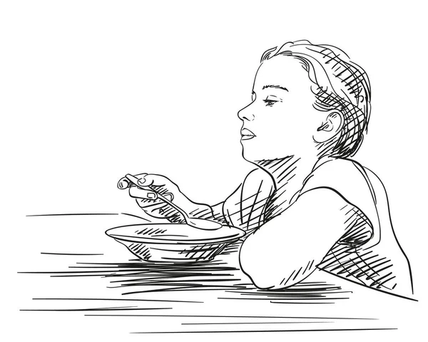 Girl Eating Food Spoon Plate Vector Sketch Hand Drawn Illustration — Archivo Imágenes Vectoriales