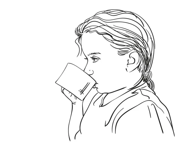 Skizze Eines Mädchens Das Aus Einer Tasse Trinkt Handgezeichnete Illustratio — Stockvektor