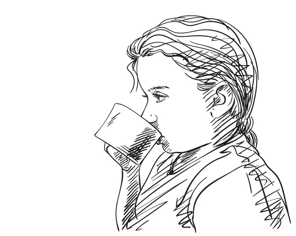 Sketch Girl Drinking Cup Hand Drawn Illustratio — Vector de stock