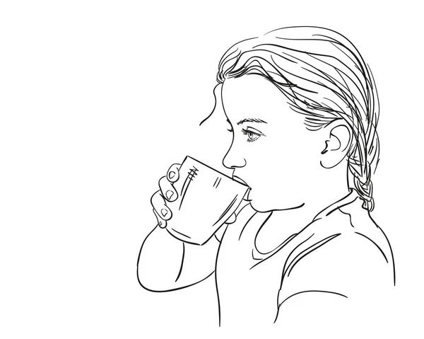 女孩用杯子喝水的素描 手绘图解 — 图库矢量图片