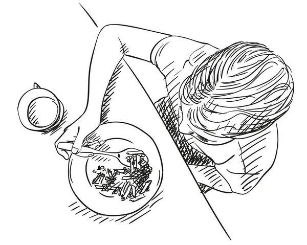Lány Étkezési Étel Kanállal Tányérról Vektor Vázlat Kézzel Rajzolt Illusztráció — Stock Vector