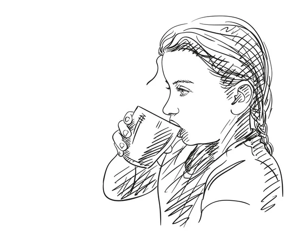 Sketch Girl Drinking Glass Hand Drawn Illustration — Archivo Imágenes Vectoriales