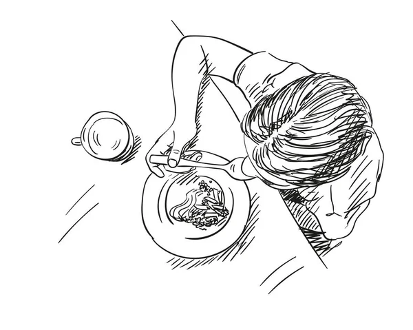 女孩用勺子从盘子里吃东西 矢量草图手绘图景从上方看 — 图库矢量图片