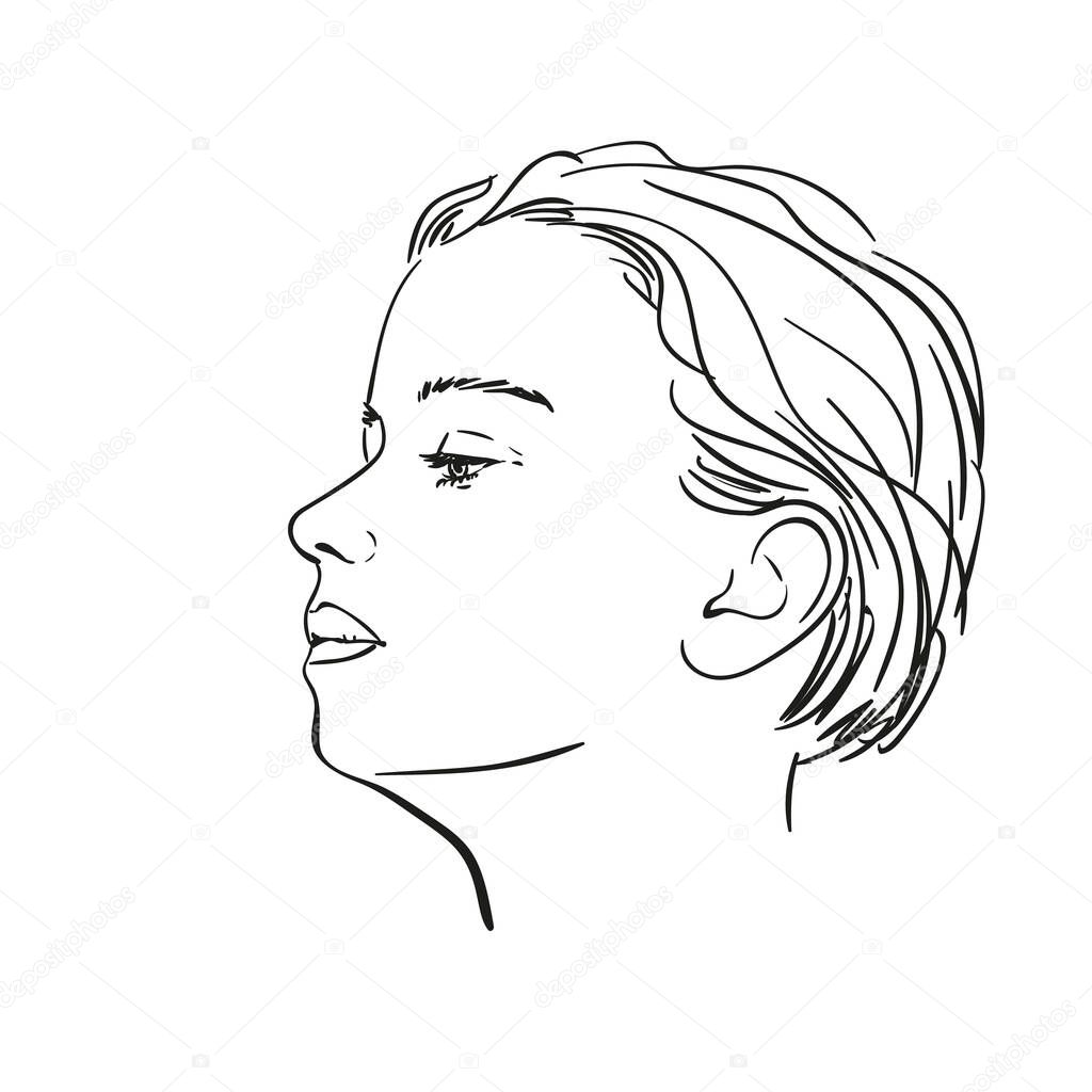 Portrait of girl in profile with her chin raised, Vector sketch, Hand drawn illustration