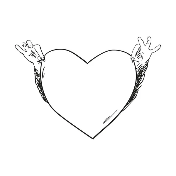 Hands Holding Big Heart Hand Drawn Vector Illustration Black Lines — Archivo Imágenes Vectoriales