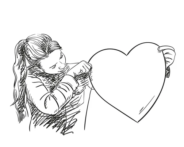 Девушка Держит Большое Сердце Нарисованная Вручную Иллюстрация Векторный Эскиз — стоковый вектор