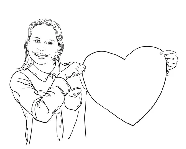 Girl Holding Big Heart Hand Drawn Llustration Vector Sketch — Stock Vector