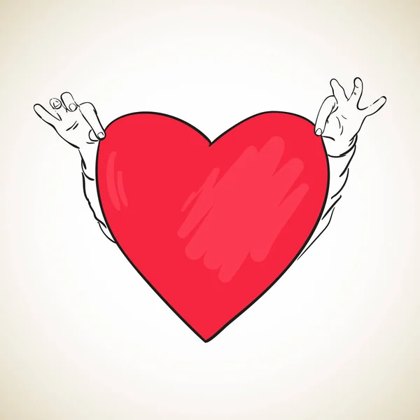 Mãos Segurando Grande Coração Vermelho Ilustração Vetorial Desenhada Mão Isolado — Vetor de Stock
