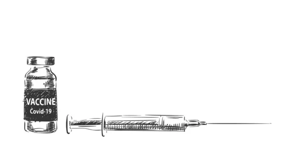 Vaccine Covid Vial Medicine Bottle Syringe Vector Drawing Hand Drawn — Stock Vector