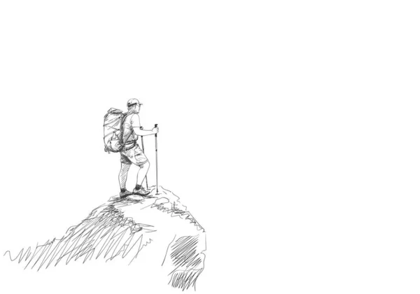 Escursionista Con Zaino Cima Alla Montagna Illustrazione Vettoriale Disegnata Mano — Vettoriale Stock