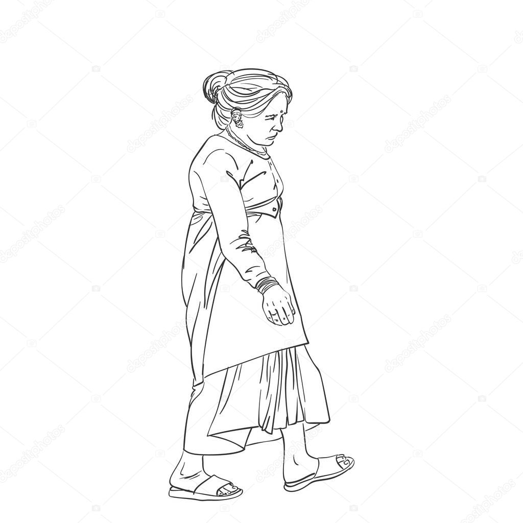 Nepali woman sketch, Full length portrait of walking old woman from Nepal in ethnic clothes sari line art hand drawn isolated