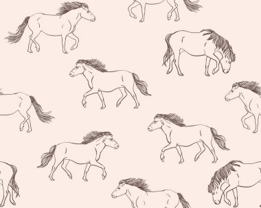 Açık kahverengi arka planda el çizimi atın kusursuz vektör deseni