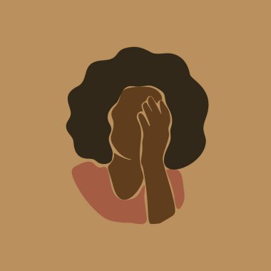 Soyut portre Afrikalı mutsuz, alnına dokunan eli koyu renk depresyon ve üzüntü dolu bir kadın. Afro siyah tenli kız, Vektör illüstrasyon çağdaş sanat düz tasarımı 