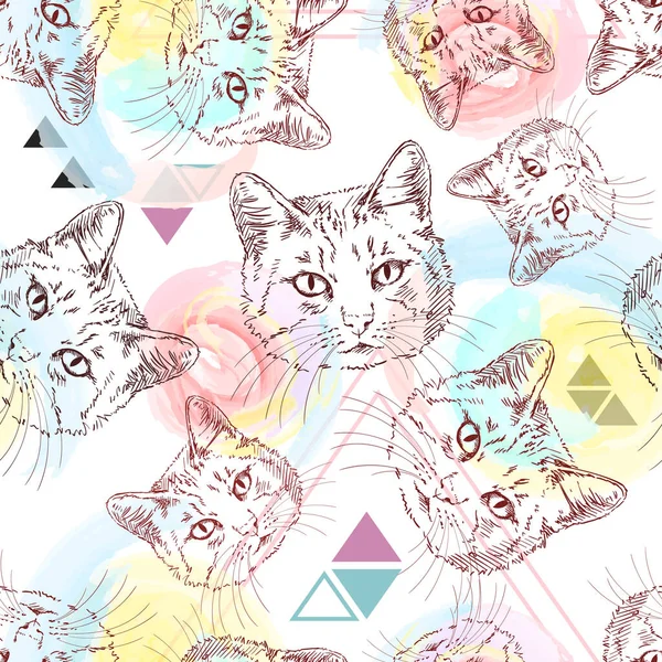 Seamless Vector Pattern Sketch Cat Head Background Watercolor Stains Triangles — Stock Vector
