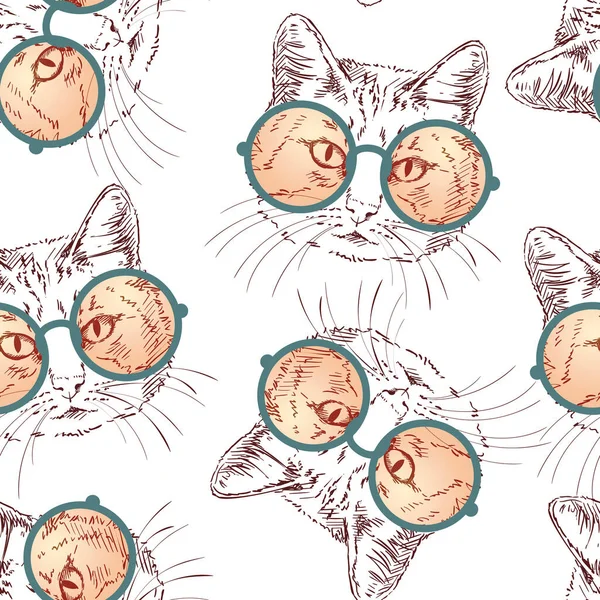 Patrón Vectorial Sin Costuras Con Boceto Gato Con Gafas Redondas — Archivo Imágenes Vectoriales