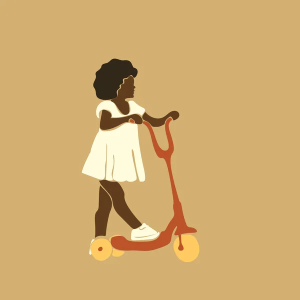 Abstraktní Portrét Malé Kudrnaté Afro Dívky Koloběžce Vektorové Ilustrace Současného — Stockový vektor