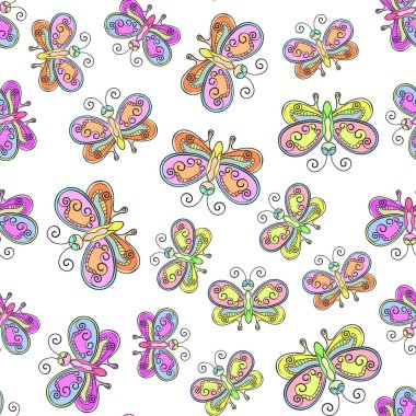 Beyaz zemin üzerinde dekoratif kelebekler olan kusursuz vektör deseni