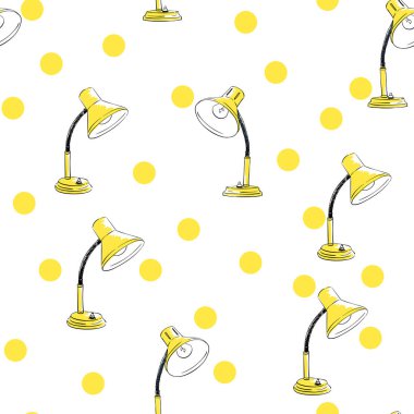 Beyaz arkaplan ve puantiyeli el çizimi sarı retro masa lambası ile kusursuz vektör deseni
