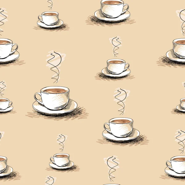 手描きのコーヒーカップとシームレスベクトルパターン おはようございますテーマの背景 — ストックベクタ