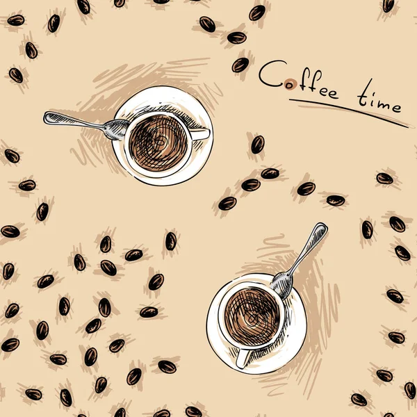Бесшовный Векторный Рисунок Ручной Работы Чашки Кофе Кофейных Зерен Кофе — стоковый вектор