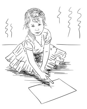 Yerde otururken boş kağıda işaret eden küçük kız, vektör çizimi, el çizimi resim çizimi.