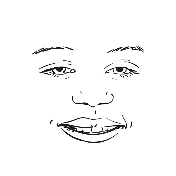 Tvář Krásné Mladé Dívky Usmívající Přivřenýma Očima Vektorový Náčrt Ručně — Stockový vektor