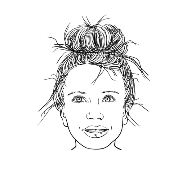 Esboço Menina Bonita Com Penteado Coque Ilustração Arte Linha Vetorial —  Vetores de Stock