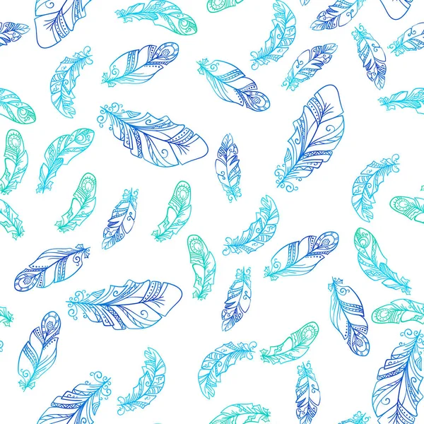 Seamless Pattern Hand Drawn Feathers Blue Green Gradient White Background — Stock Vector