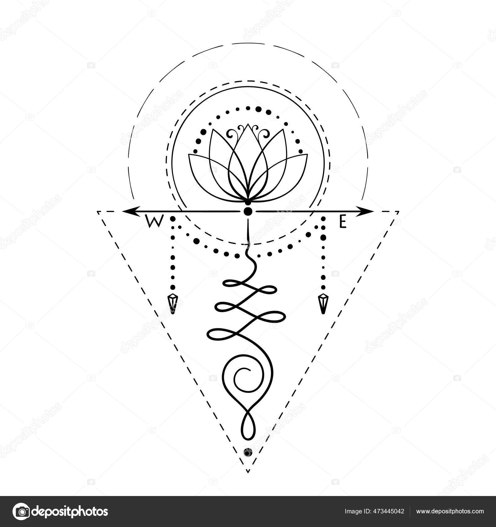 荷花纹身用指南针箭头手绘孤立的矢量装饰品象征智慧和启蒙的神圣几何符号图库矢量图©OlgaTropinina 473445042, image size:1600x1700