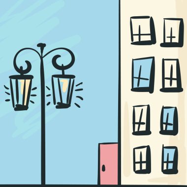 El çizimi retro sokak lambası ve ev karalama tarzında, Vektör illüstrasyonu