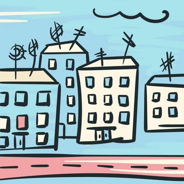 Rua Cidade Desenhada Mão Casas Estilo Doodle Ilustração Vetorial — Vetor de Stock