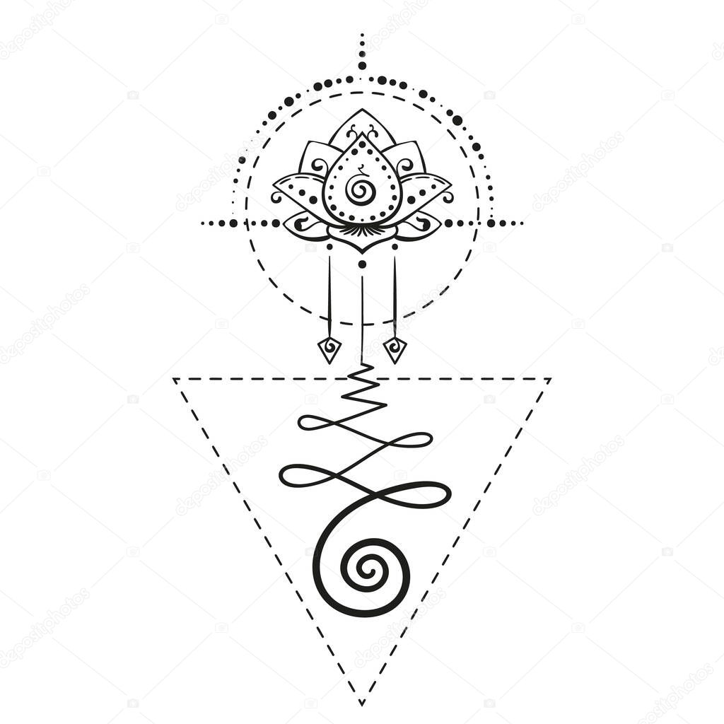 Lotus tattoo Unalome sacred geometry symbol of wisdom and enlightenment, Hand drawn isolated vector ornament