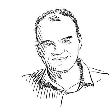 Alnında kel nokta olan bir adamın portresi, el çizimi, vektör çizimi.