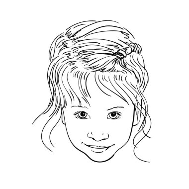 Yukarı bakan küçük bir kız, el çizimi çizimi beyaz üzerine siyah çizgiler, vektör çizimi.